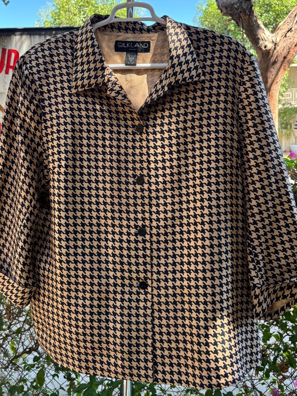Silkland 100% Silk Houndstooth Button Front Blazer Top Plus Size 3X